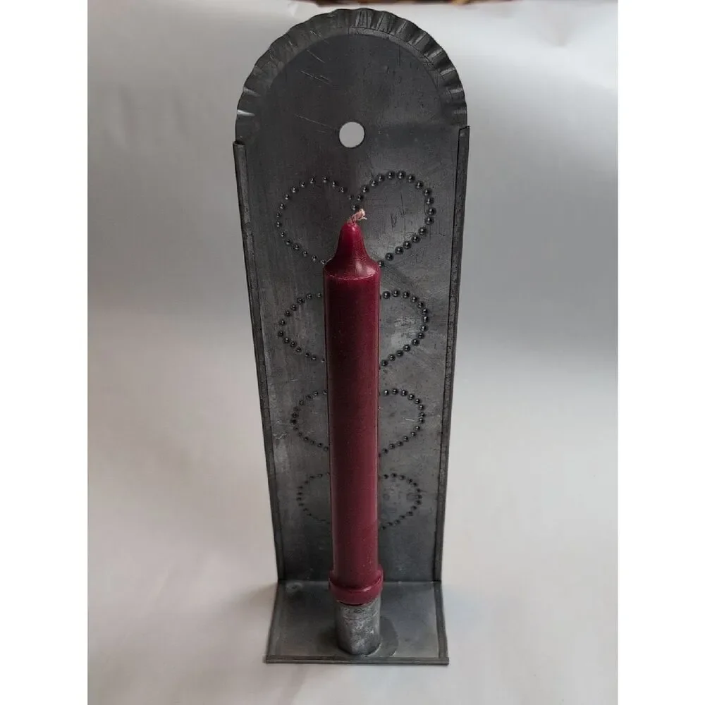 Vintage Handcrafted Gray Metal Punched Tin Hearts Wall Candle Sconce